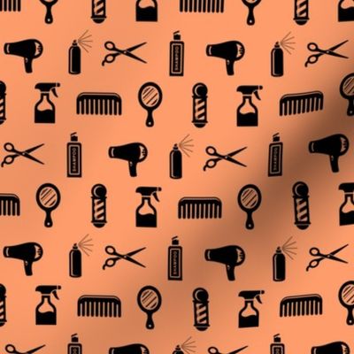 Salon & Barber Hairdresser Pattern in Black with Tangerine Orange Background (Mini Scale)