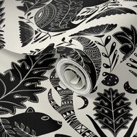 Large Scale, Black Wildlife forest Spirit Animals, Moon Phases and Art Nouveau Florals 
