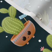 Happy family friends of potted cacti and succulents. funny and bright on dark background