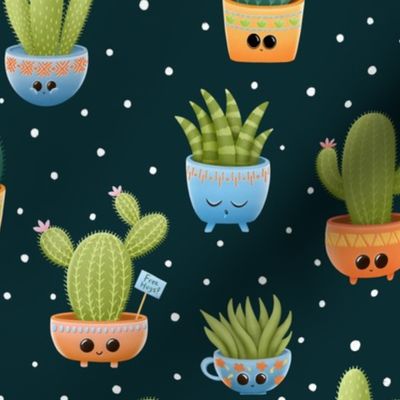 Happy family friends of potted cacti and succulents. funny and bright on dark background