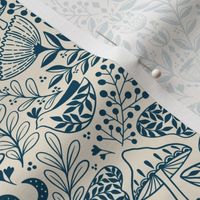 Updated! Medium scale Natural Habitat of Bees and Moths, wild grass and flowers, botanical greens in navy blue