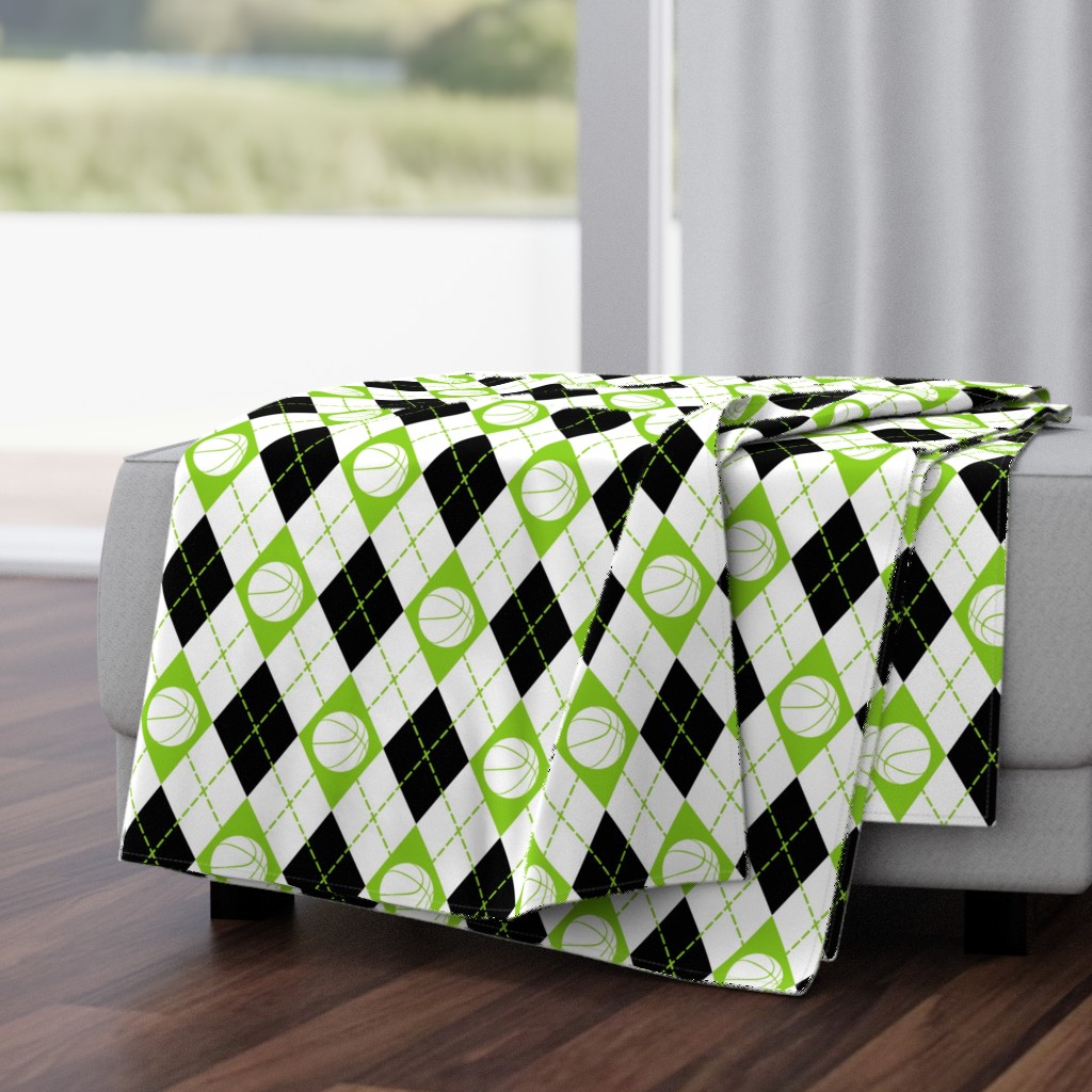 lime black white argyle plaid with basketballs 