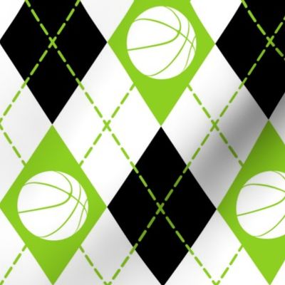 lime black white argyle plaid with basketballs 