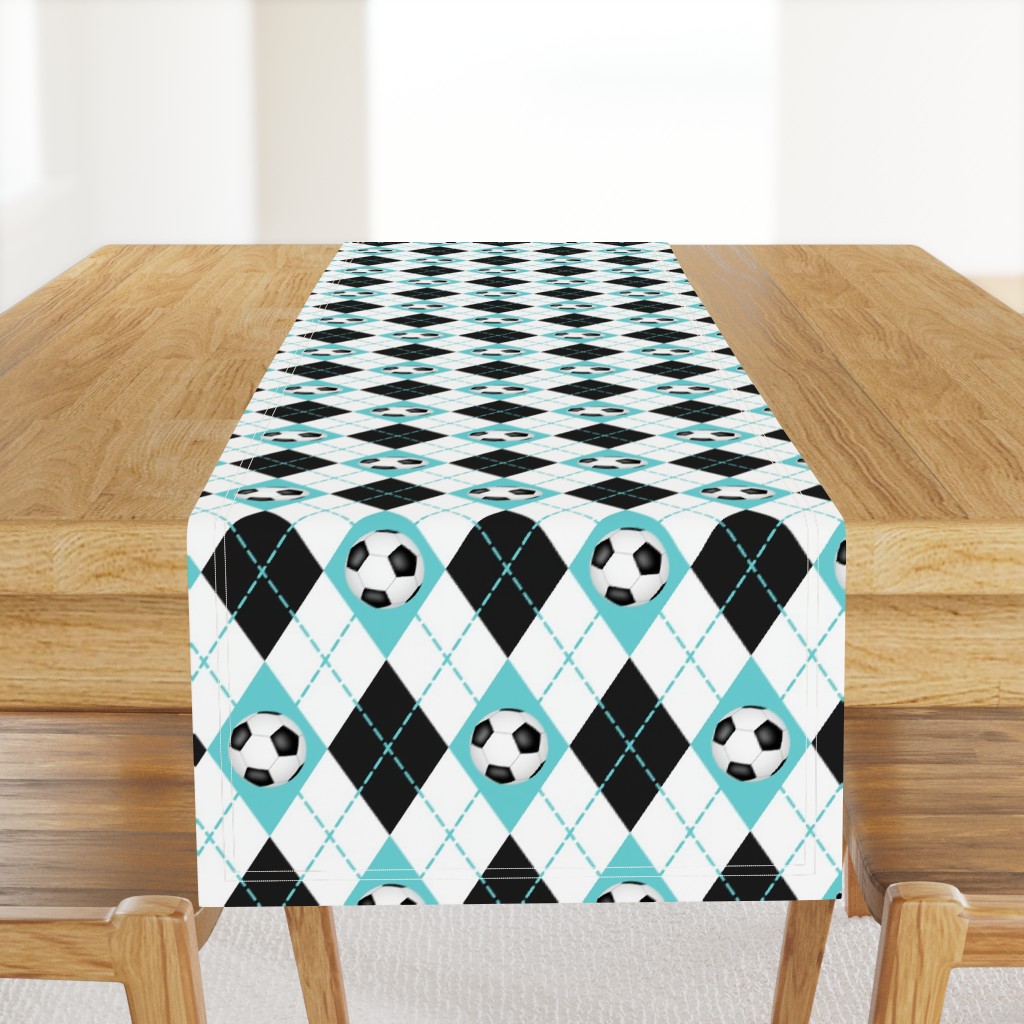 soccer themed turquoise black white argyle pattern