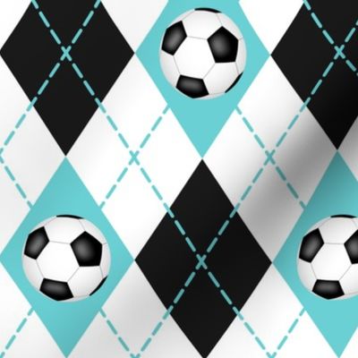 soccer themed turquoise black white argyle pattern