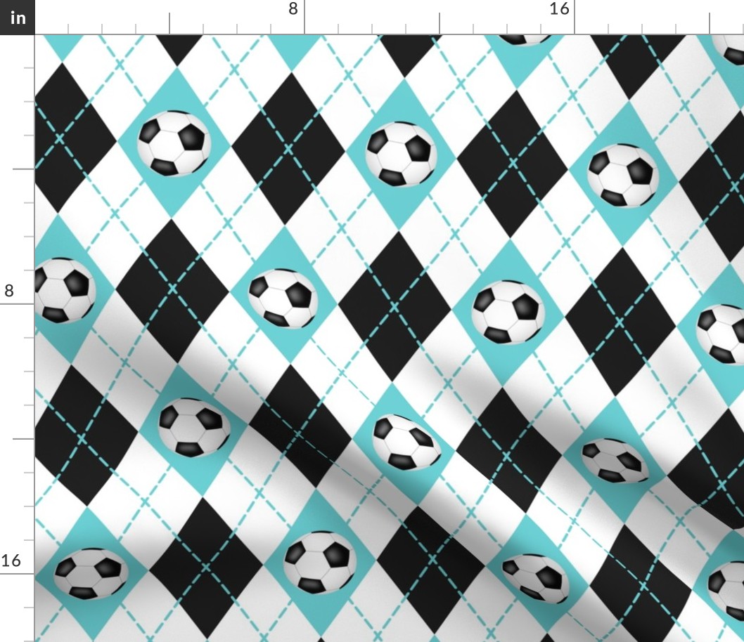 soccer themed turquoise black white argyle pattern