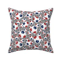 Red white and blue soccer balls w goal net detail on gray