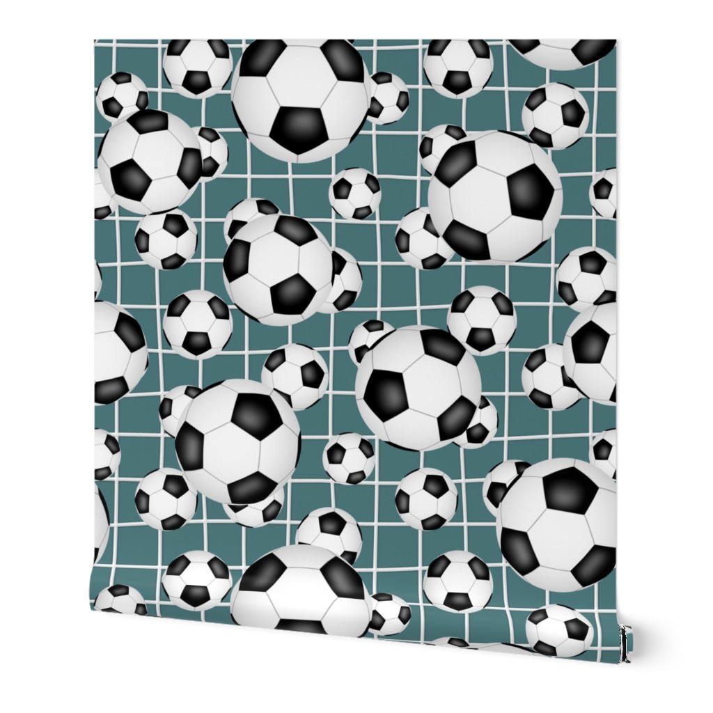 black and white soccer balls w goal net detail pattern on teal