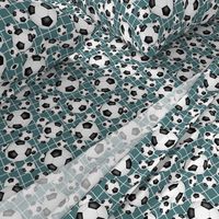 black and white soccer balls w goal net detail pattern on teal