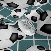 black and white soccer balls w goal net detail pattern on teal