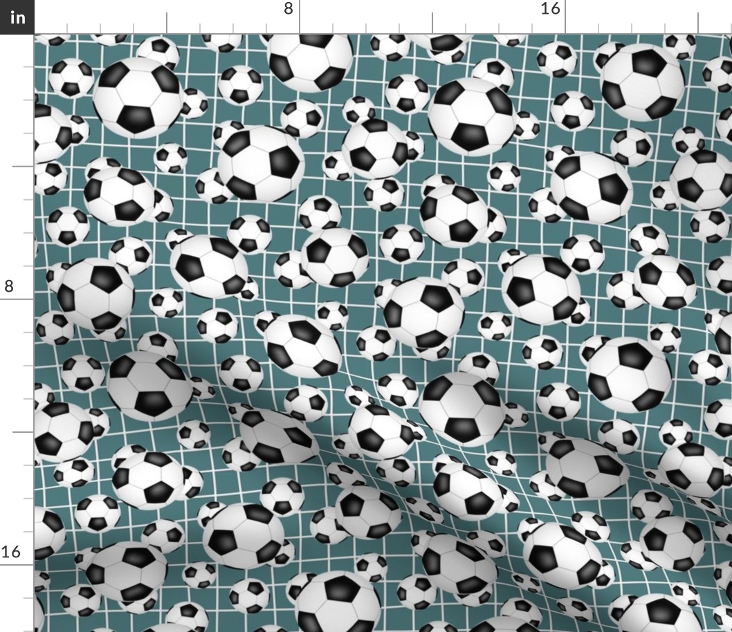 black and white soccer balls w goal net detail pattern on teal