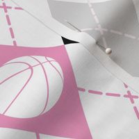 pink black white argyle pattern with basketballs