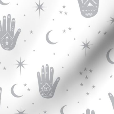 Mystic magic boho Universe prayer hamsa moon phase and stars sweet dreams night gray white