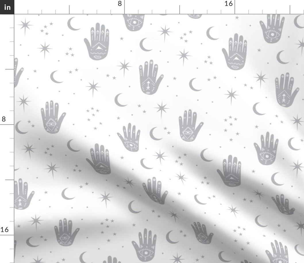 Mystic magic boho Universe prayer hamsa moon phase and stars sweet dreams night gray white