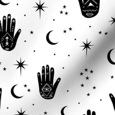 Mystic magic boho Universe prayer hamsa moon phase and stars sweet dreams night monochrome black and white