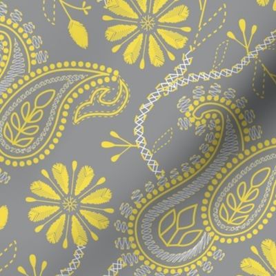 Chikankari Paisley Embroidery- Florals in Ultimate Gray and Illuminating Yellow- Regular scale