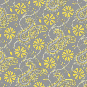 Chikankari Paisley Embroidery- Florals in Ultimate Gray and Illuminating Yellow- Regular scale