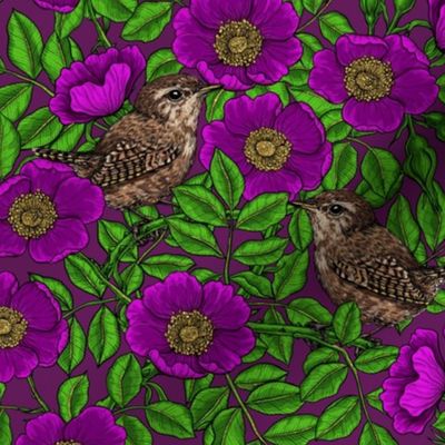 Wrens in the roses in purple, green and glitter