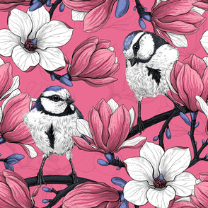 Hand drawn blue tit birds on blooming pink magnolia branches on pink background