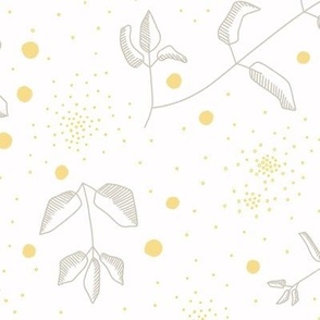 Minimal grey leaf twigs and golden yellow dots on white 