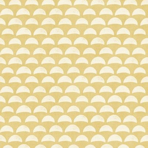 Block Print Pebble Beach in Golden Sandy Yellow and White | Hand block printed pattern of beach pebbles in yellow and white, beach fabric for totes, wraps and swimwear.