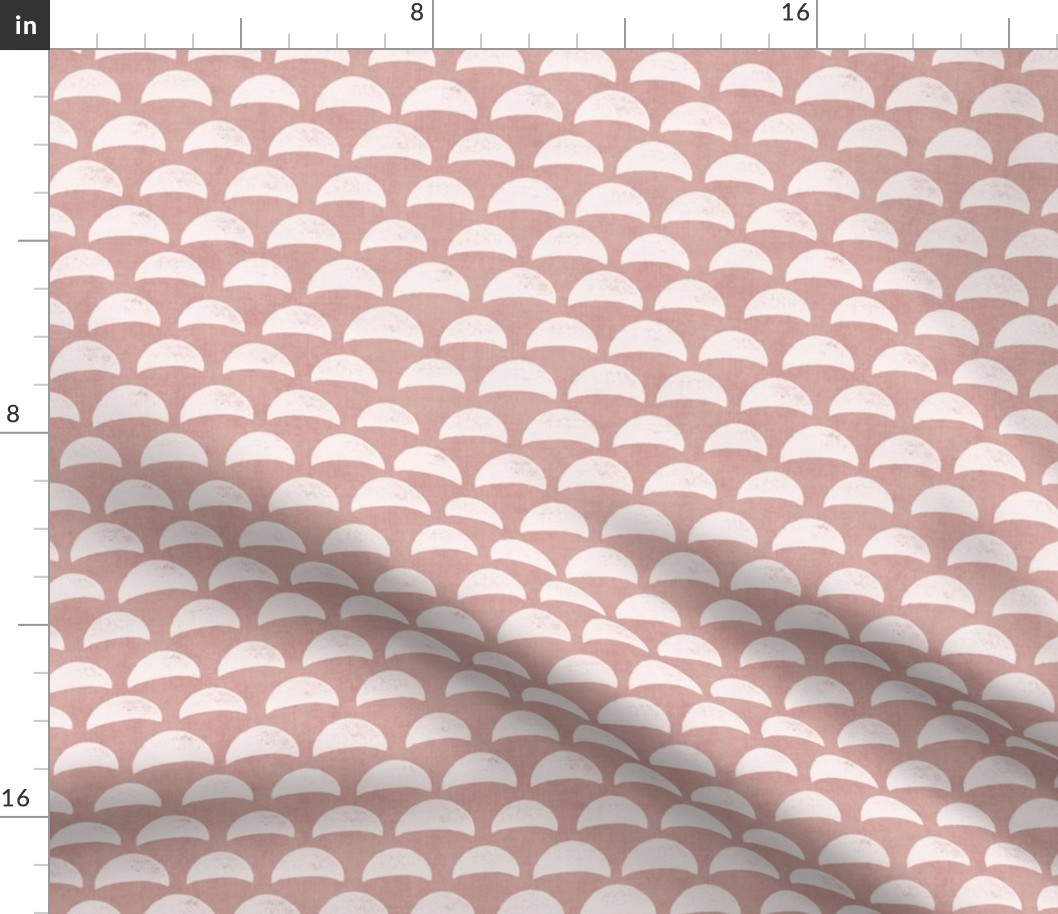 Block Print Pebble Beach in Coral Sand (xl scale) | Hand block printed pattern of beach pebbles in blush, coral pink, beach fabric for totes, wraps and swimwear.