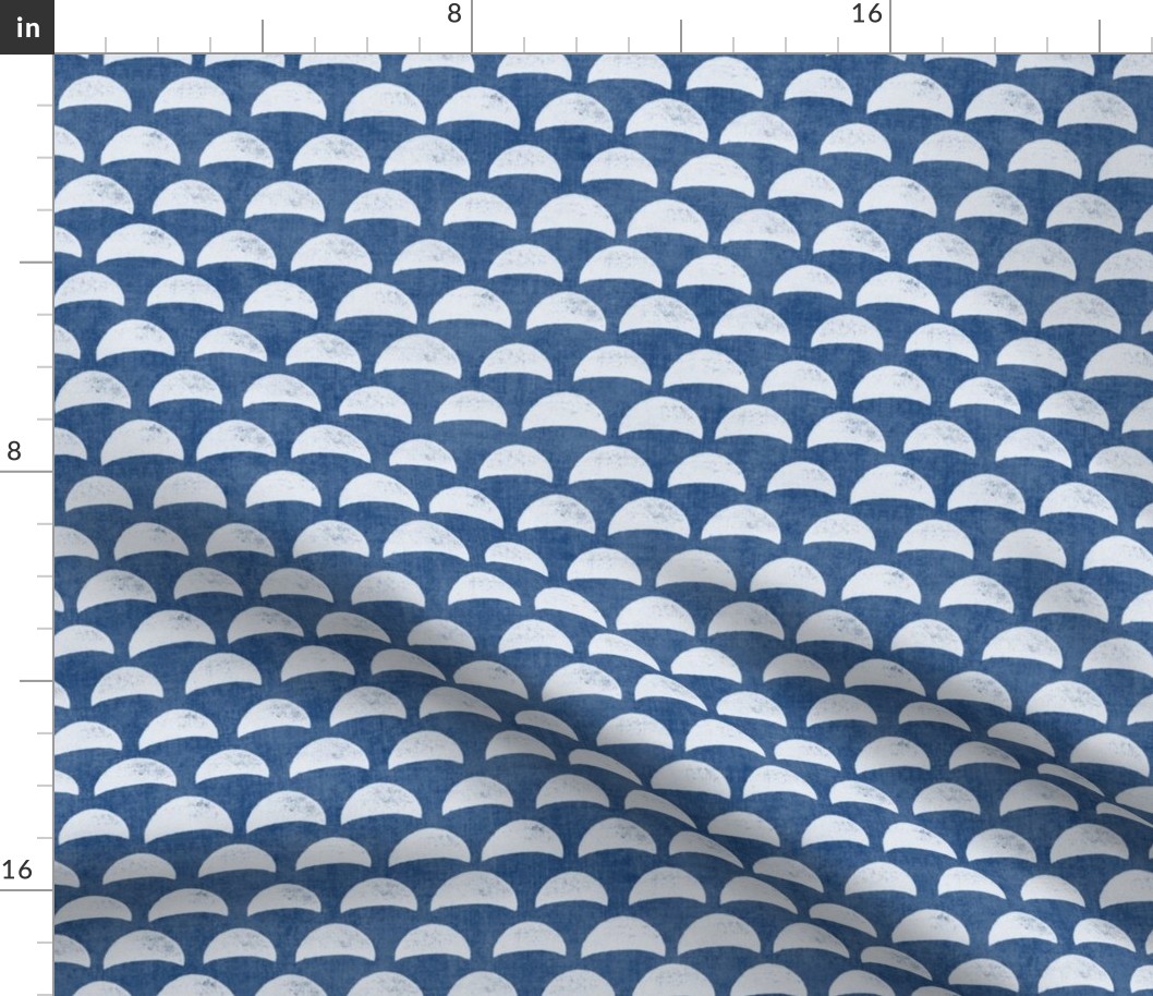 Block Print Pebble Beach in Indigo Blue (xl scale) | Hand block printed pattern of beach pebbles in deep sea blue, beach fabric for totes, wraps and swimwear.