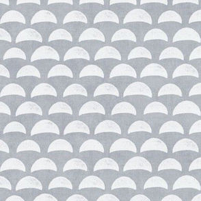 Block Print Pebble Beach in Grey (large scale) | Hand block printed pattern of beach pebbles in grey and white, beach fabric for totes, wraps and swimwear.