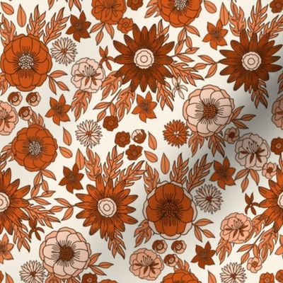 seventies retro floral - trippy, hippie floral fabric - terracotta