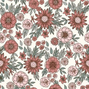 seventies retro floral - trippy, hippie floral fabric - mauve