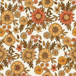 seventies retro floral - trippy, hippie floral fabric -yellow
