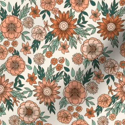 seventies retro floral - trippy, hippie floral fabric - peach