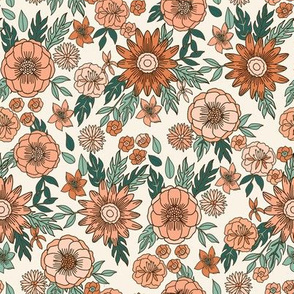 seventies retro floral - trippy, hippie floral fabric - peach