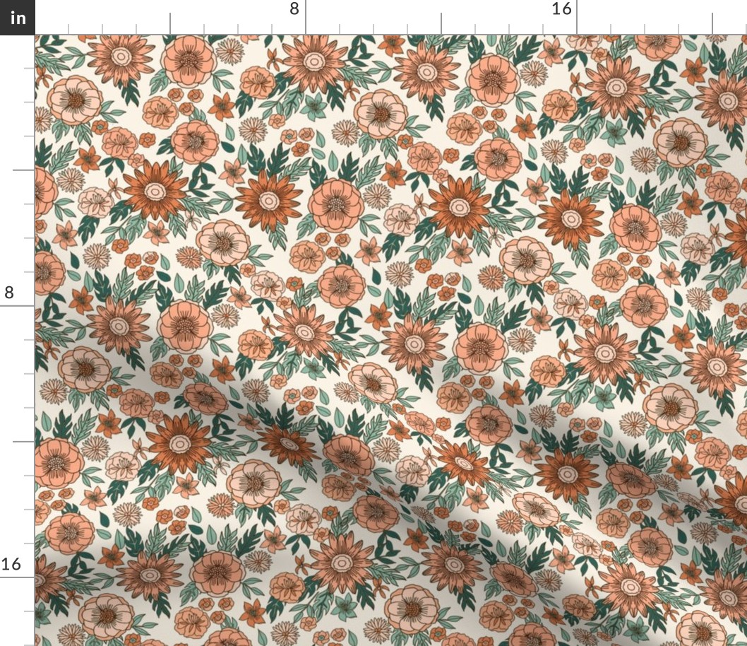 seventies retro floral - trippy, hippie floral fabric - peach