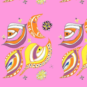 Orange, Yellow, Pink and Purple Abstract Fish on Pink Background