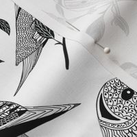 Black and white graphic pen and ink birds with roses