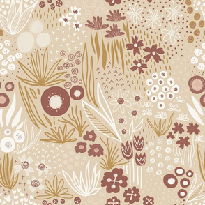 Autumn Flower Field Brown Beige Gold White