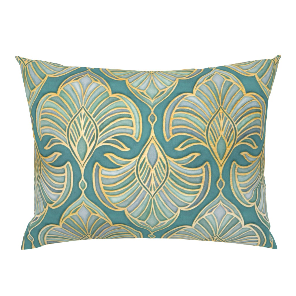 Gilded Art Deco Fans in Soft Blue Greens and Gold - large