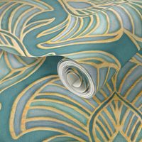 Gilded Art Deco Fans in Soft Blue Greens and Gold - large