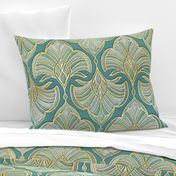 Gilded Art Deco Fans in Soft Blue Greens and Gold - large