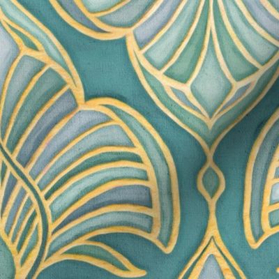 Gilded Art Deco Fans in Soft Blue Greens and Gold - large