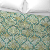 Gilded Art Deco Fans in Soft Blue Greens and Gold - large