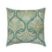 Gilded Art Deco Fans in Soft Blue Greens and Gold - large