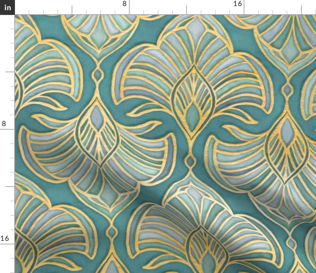 Gilded Art Deco Fans in Soft Blue Greens and Gold - large