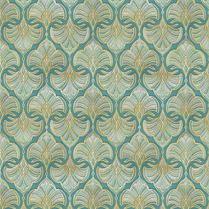 Gilded Art Deco Fans in Soft Blue Greens and Gold - small
