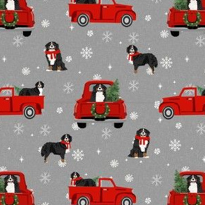 bernese mountain dog christmas truck fabric - red christmas truck - grey