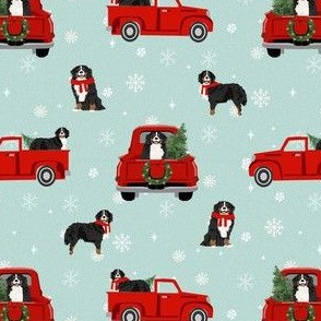 bernese mountain dog christmas truck fabric - red christmas truck - blue