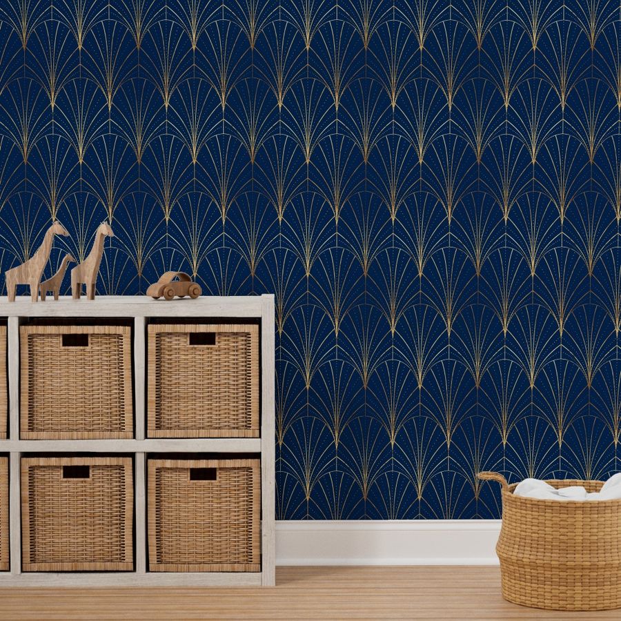 Art Deco Waterfalls // Navy Blue Wallpaper | Spoonflower