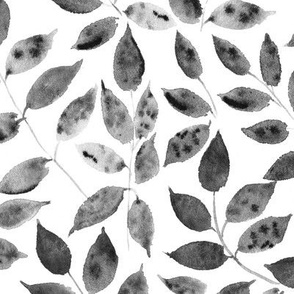 Noir Silence in the forest - watercolor leaves - nature leaf pattern in grey shades