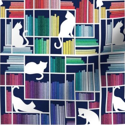 Small scale // Rainbow bookshelf // navy blue background white book shelves and library cats